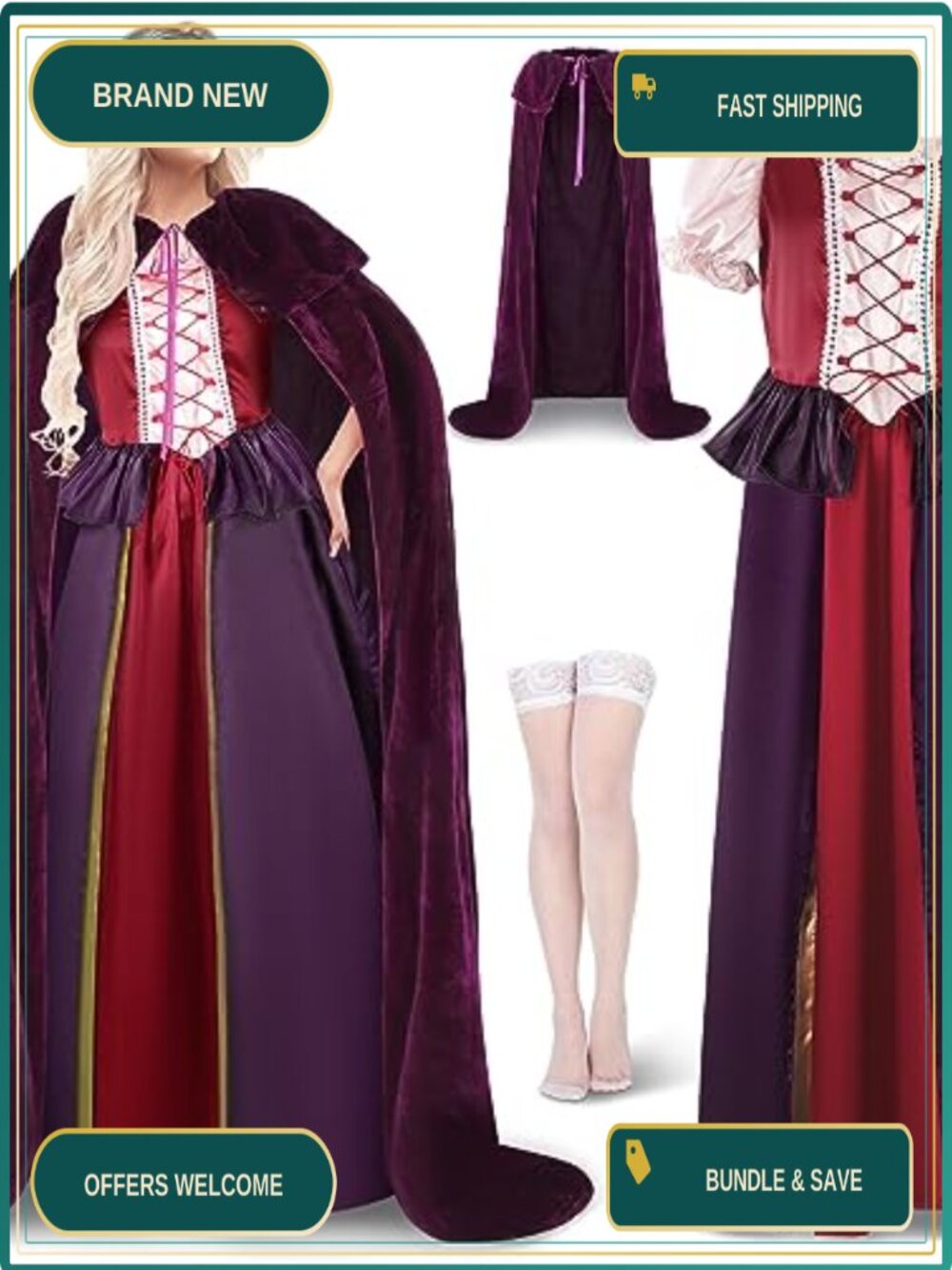 Renaissance Witch Costume Set Satin Dress Velvet Robe Stockings Halloween